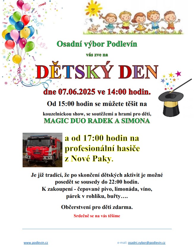 Dětský den se sousedským posezením od 14.00 hodin, následuje sousedské posezení od 17.00 hodin